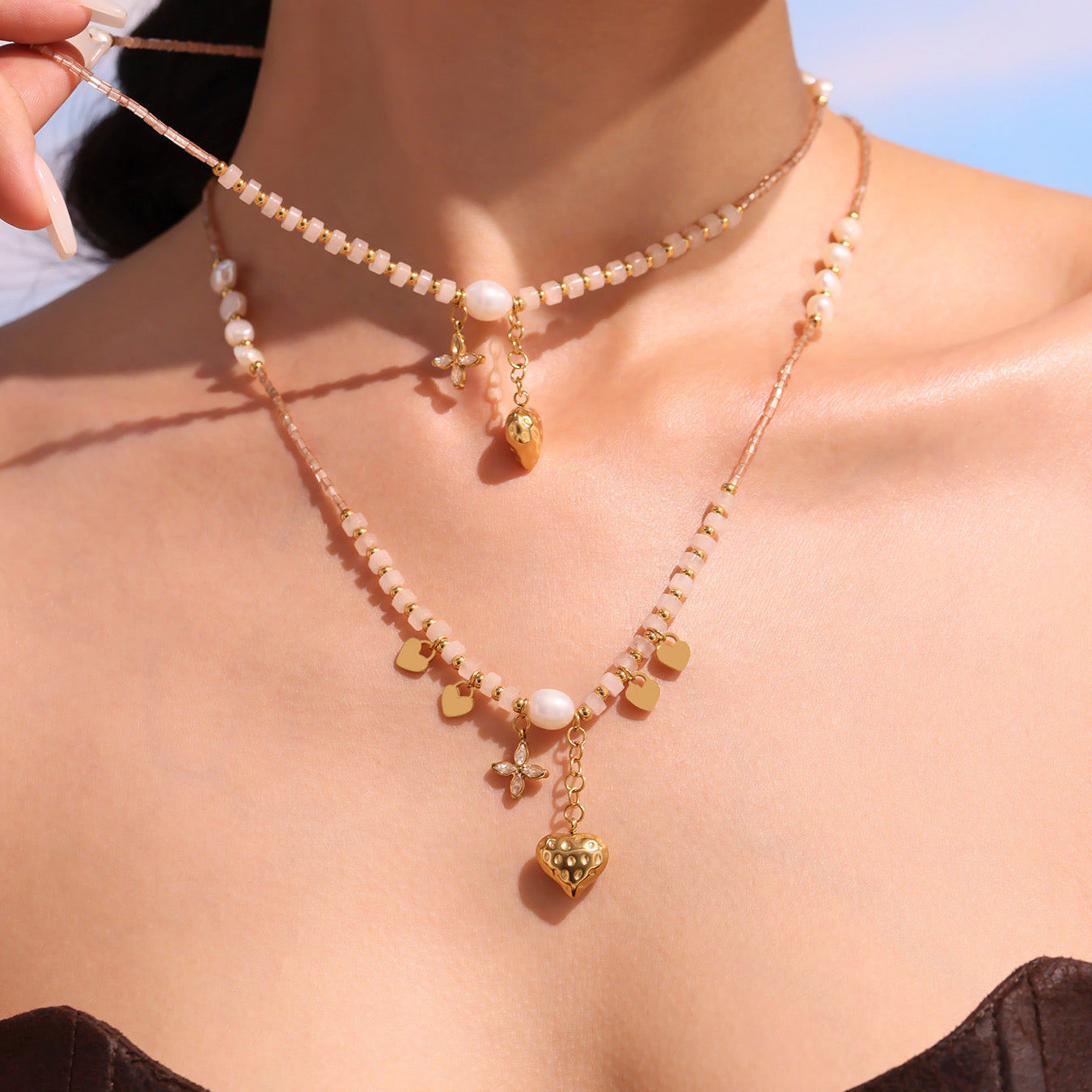 Tassel Heart Natural Stone Freshwater Pearl Clavicle Necklace