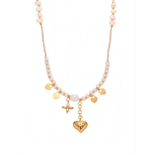 Tassel Heart Natural Stone Freshwater Pearl Clavicle Necklace